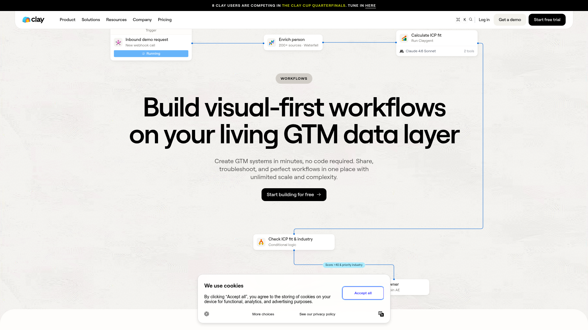 The Clay Workflows canvas: an inbound demo request webhook trigger feeding an enrichment node that waterfalls across 200-plus sources, then a Claygent node calculating ICP fit, then a conditional routing node.